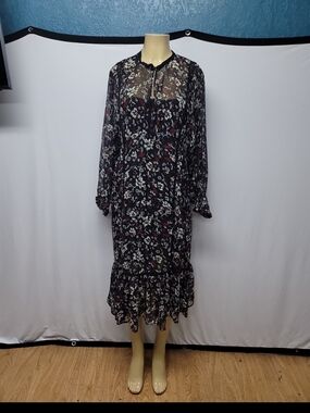 Zara Black Floral Sheer Long-Sleeve Midi Dress with Burgundy Accents